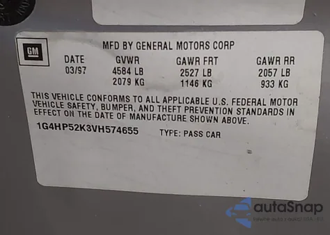 1997 Buick Lesabre Custom z USA, uszkodzony, nr VIN 1G4HP52K3VH574655